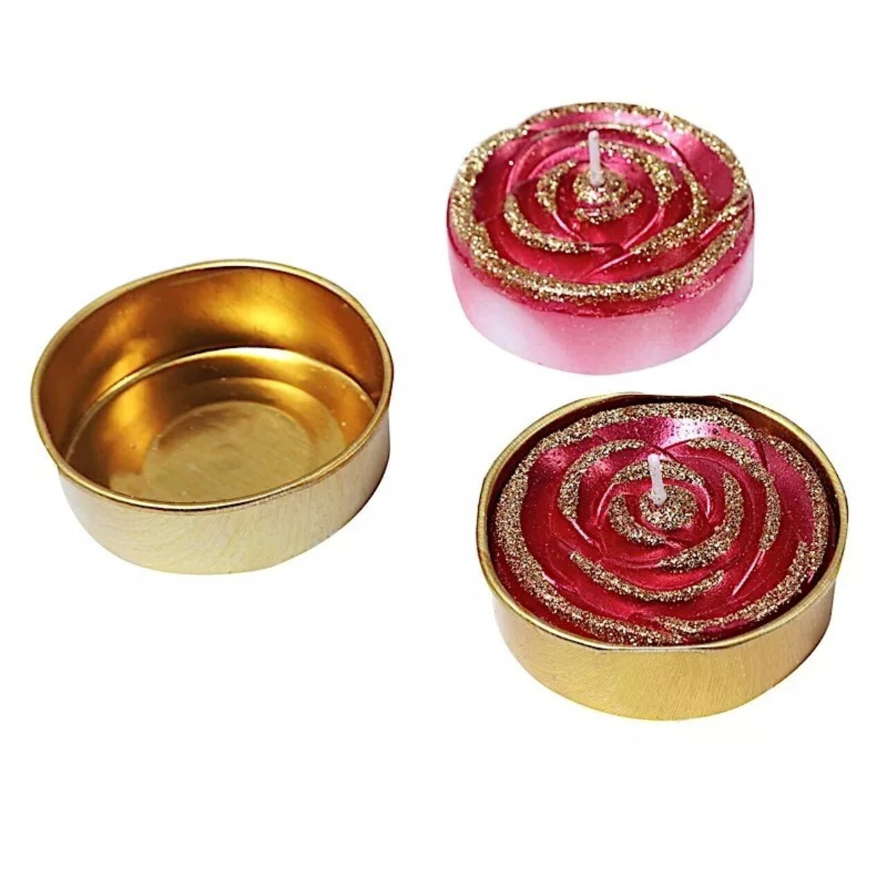 2 Red Gold Glitter Unscented Rose Tealight Candles Wedding Centerpieces